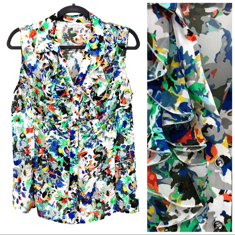 Tahari | Bright Floral Pattern Ruffle Tank Top